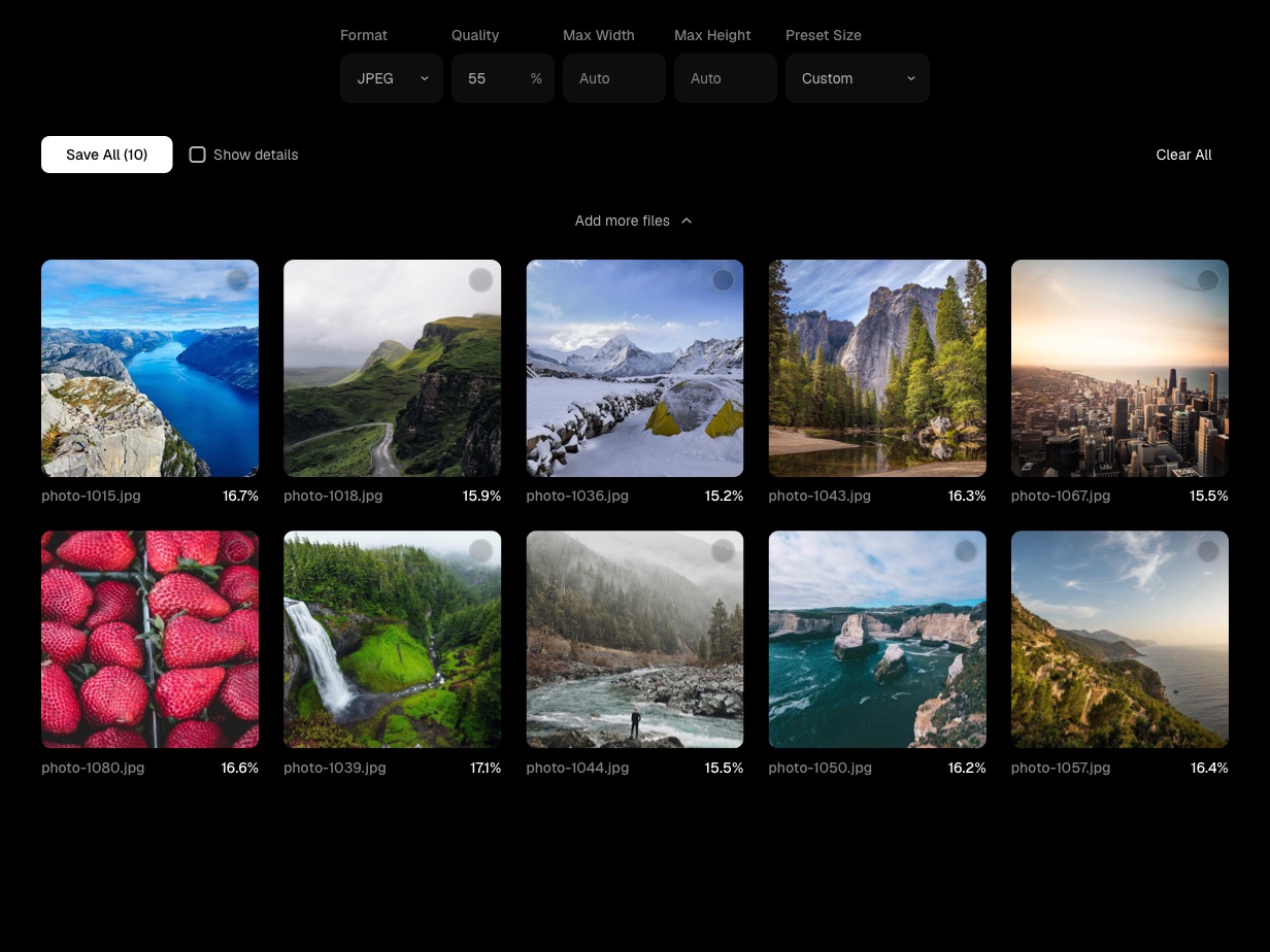 The Pulp web app with ten photos compressed to JPEG at quality 55